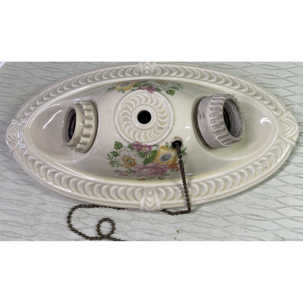 Antique 2 Lightbulb Flush Mount Ceiling Porcelain Light 11x7" Works Need Rewire